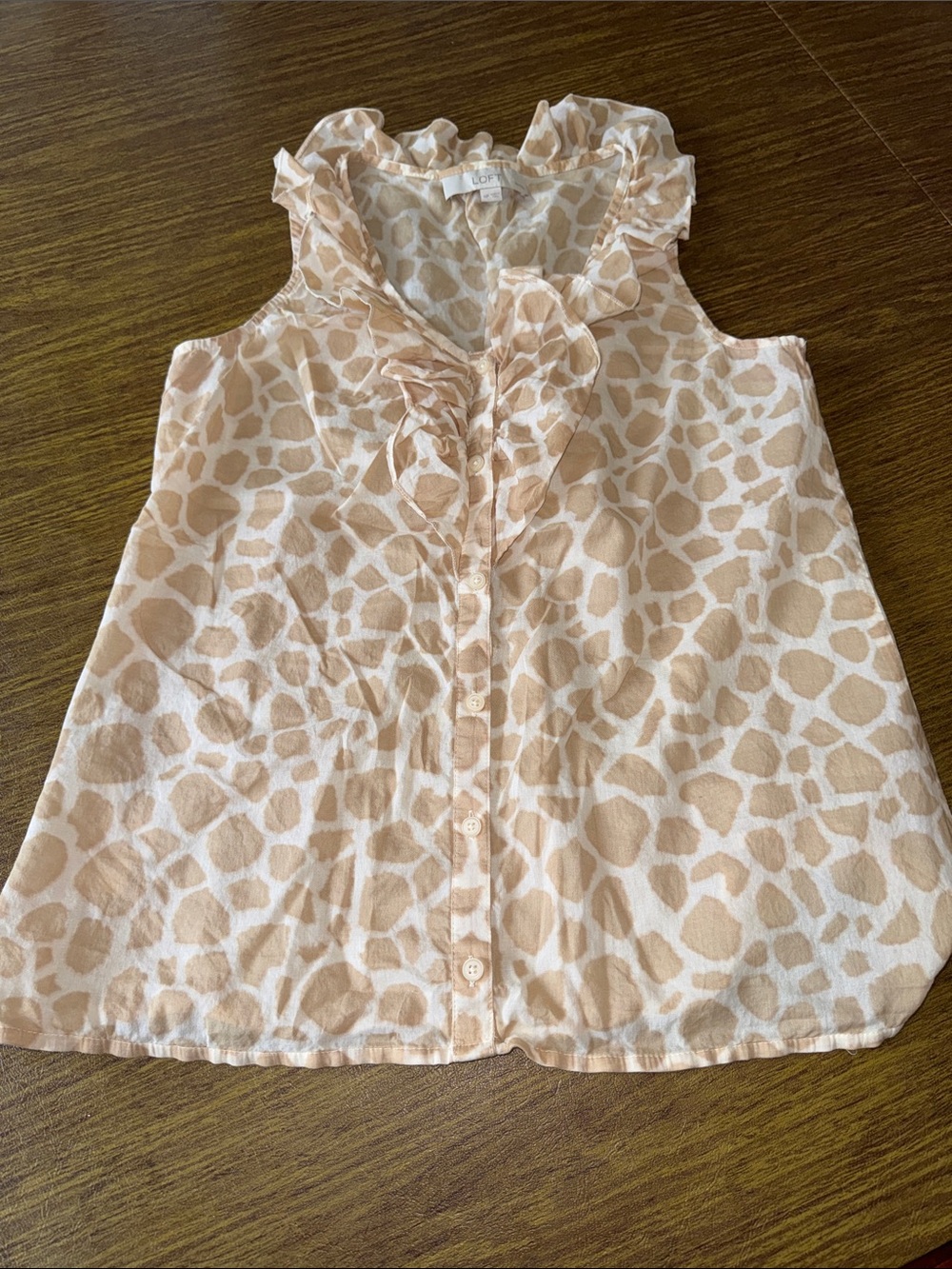 LOFT Sleeveless Ruffle Button-Front Top in Beige and Cream Animal Print